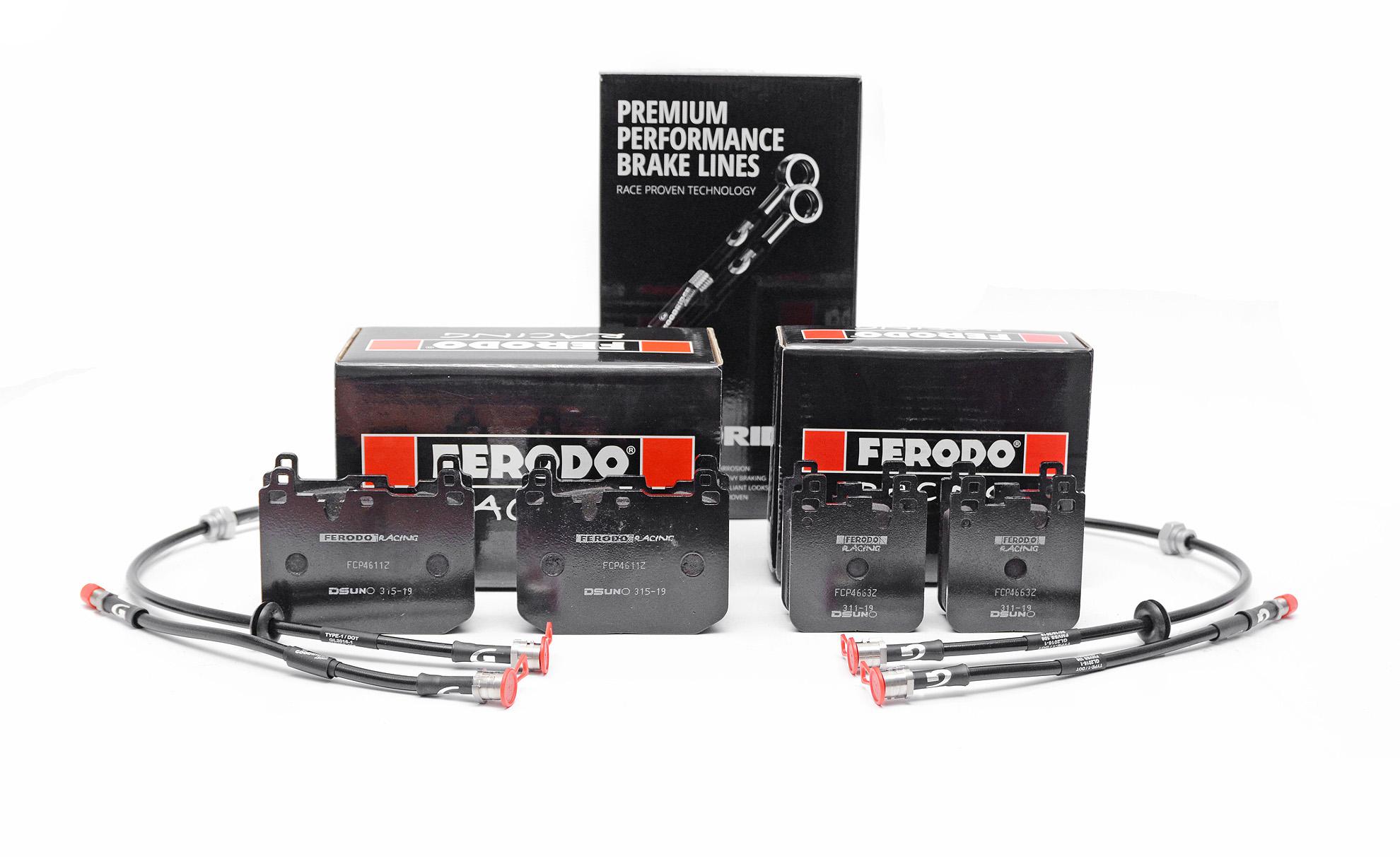 Zestaw Specjalny - Klocki hamulcowe Ferodo DSUNO + przewody w stalowym oplocie Goodridge - BMW M2 F87 / M3 F80 / M4 F82 (przód+tył)